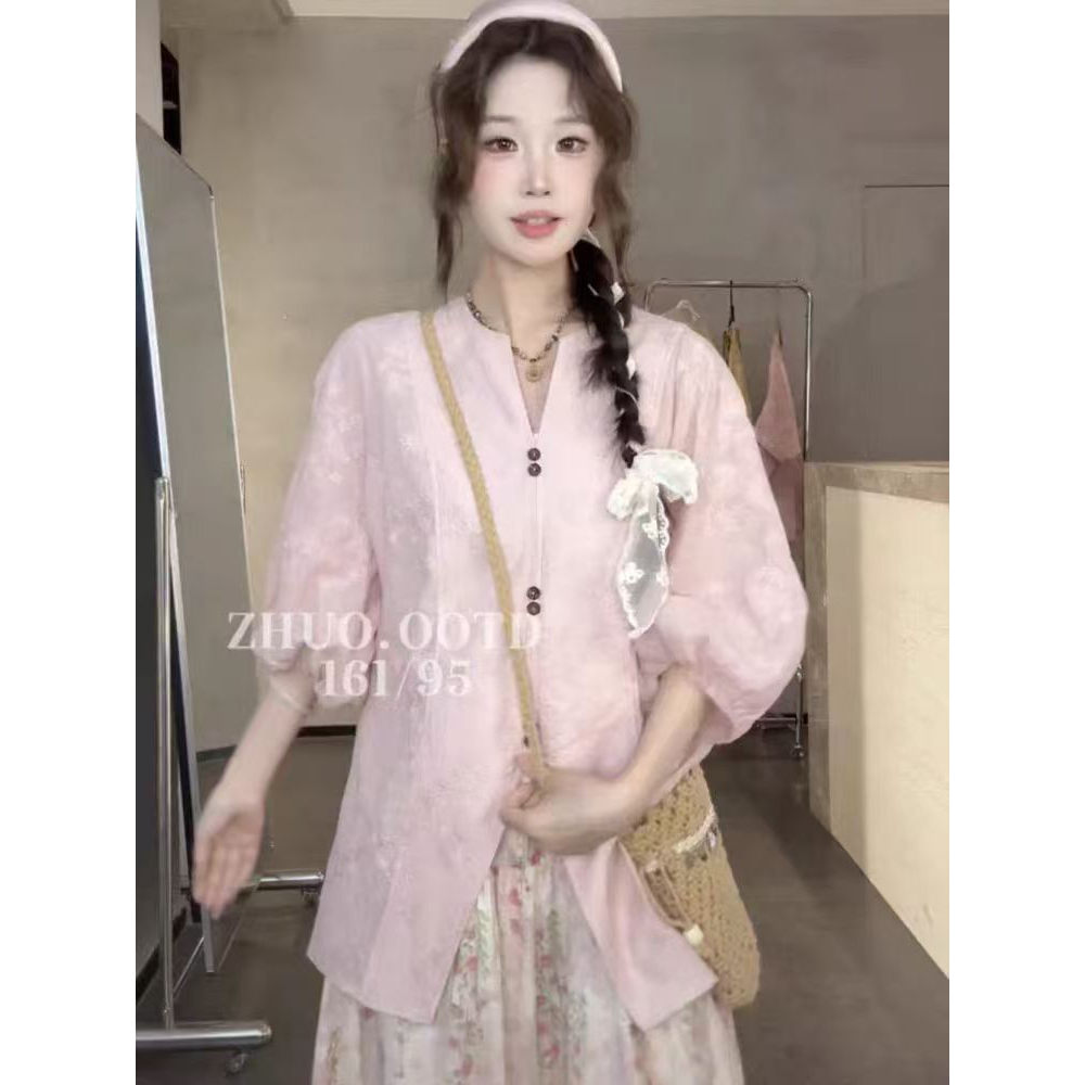 休闲风慵懒宽松薄款衬衫女2025夏季新款设计感小众开叉泡泡袖上衣
