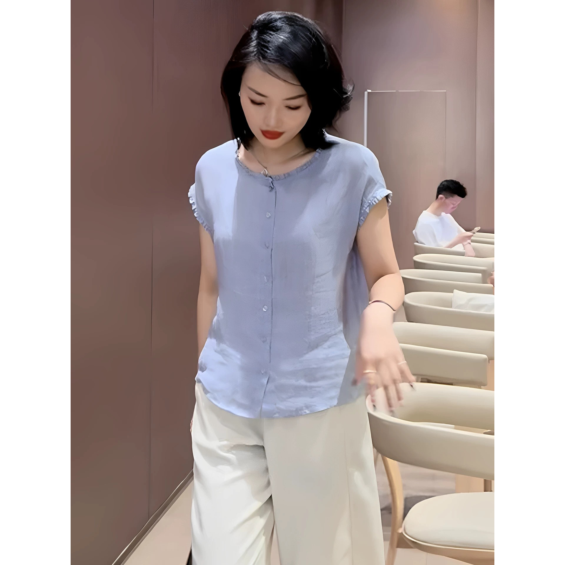 法式木耳边圆领短袖衬衫女2025新款夏季时尚洋气独特漂亮苎麻上衣