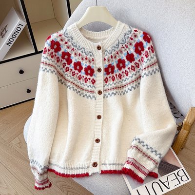 有货费尔岛花朵提花毛衣软糯针织衫女开衫套头秋冬设计感外套上衣