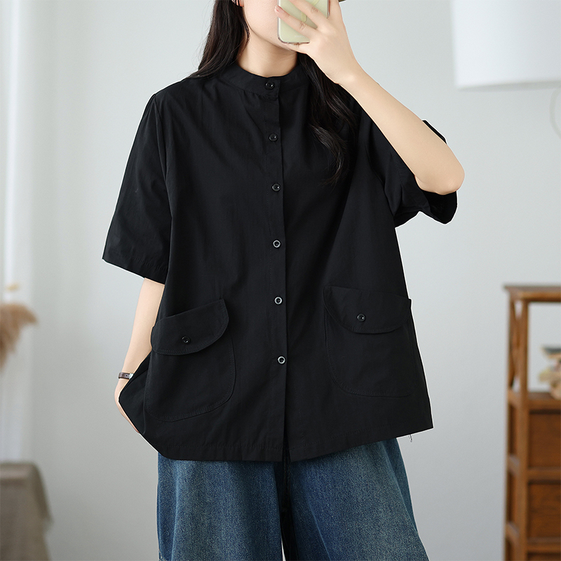 夏季新款韩版纽扣开衫衬衫立领纯色翻盖口袋T恤女上衣