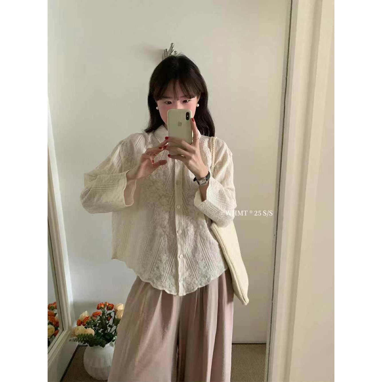 复古polo领蕾丝钩花衬衫春秋洋气减龄宽松百搭气质上衣