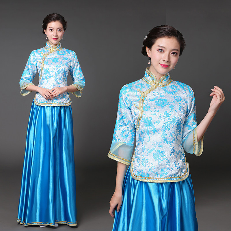 民国风演出服女长裙戏曲舞蹈中国风开场舞古筝古琴显瘦表演套装春