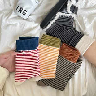 条纹袜子女中筒袜秋冬加厚韩版百搭长袜堆堆袜诸暨袜子日系学院风