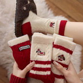 冬季 加厚保暖澳绒小狗袜子女中筒本命年大红色长袜毛绒睡眠地板袜