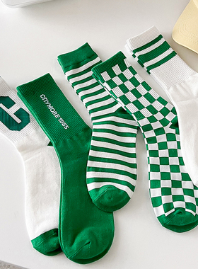 绿色中筒袜春秋纯棉ins潮条纹袜子女男士运动袜全棉诸暨袜子春夏