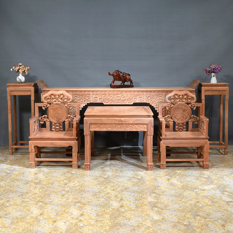 缅甸花梨木中堂六件套中式实木红木条案大果紫檀客厅神台供桌椅子