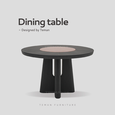 中古洞石转盘实木餐桌圆桌别墅大平层餐厅侘寂风复古设计师款家用