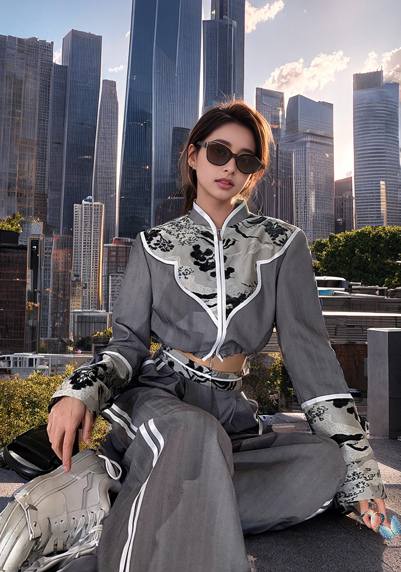 地球店新中式提花刺绣复古国风套装女早秋立领外套休闲裤子两件套