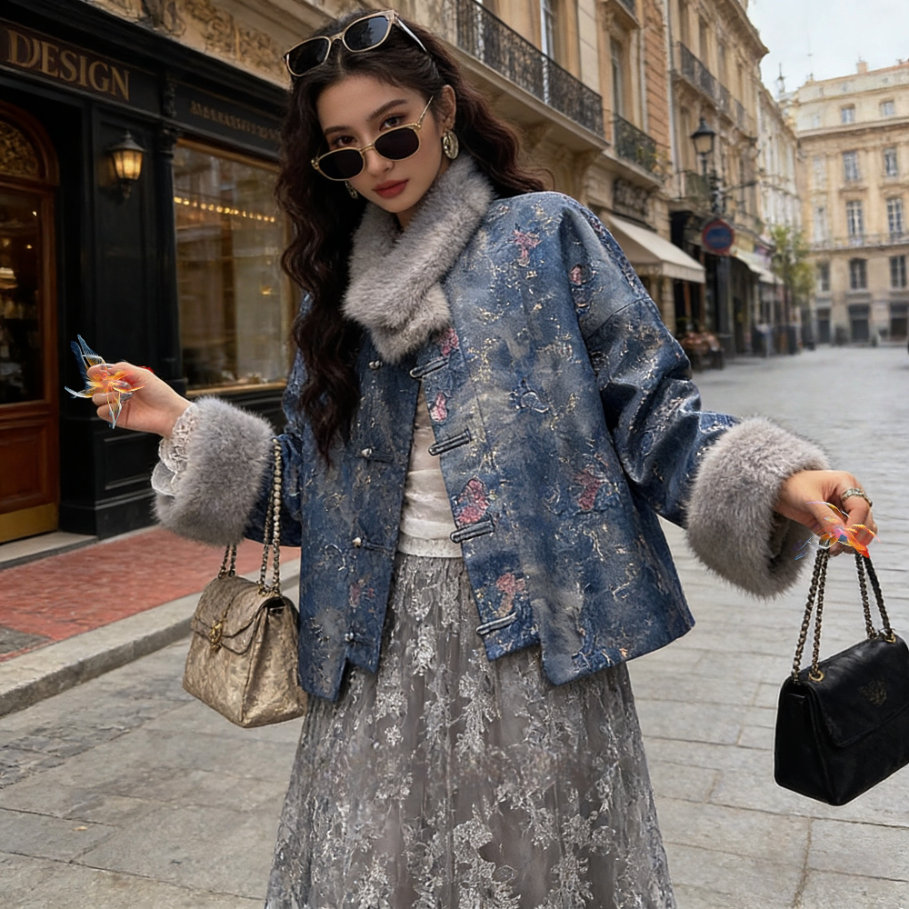 新中式刺绣棉服新款毛领女装外套