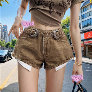 地球店咖啡色漏口袋辣妹阔脚超短裤女百搭高腰显腿长a字短款热裤