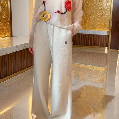 地球店白色绣花直筒休闲阔腿裤