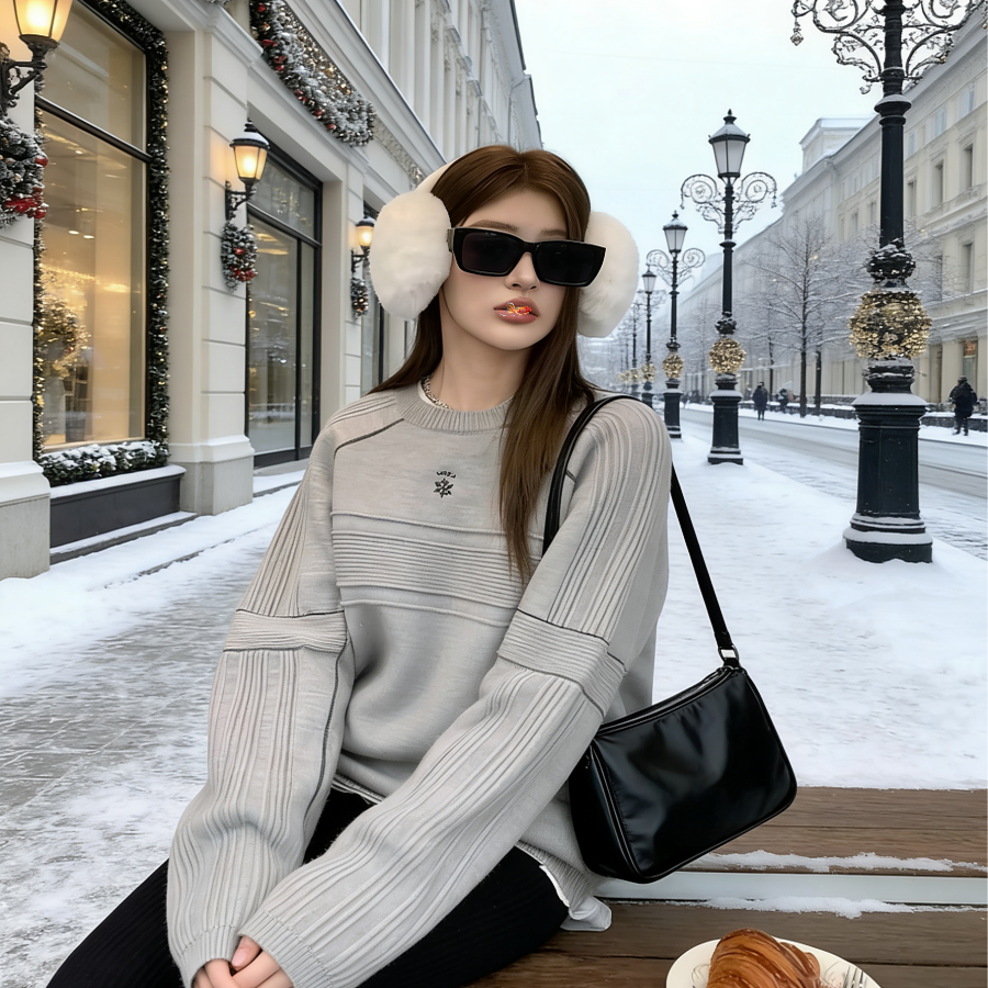 地球店韩系灰色刺绣针织衫毛衣女气质老钱风秋季穿搭宽松卫衣上衣