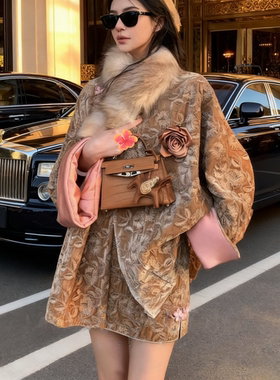 大MOSS【落枫游冬】新中式银丝绣花丝绒羽绒服外套+半裙套装