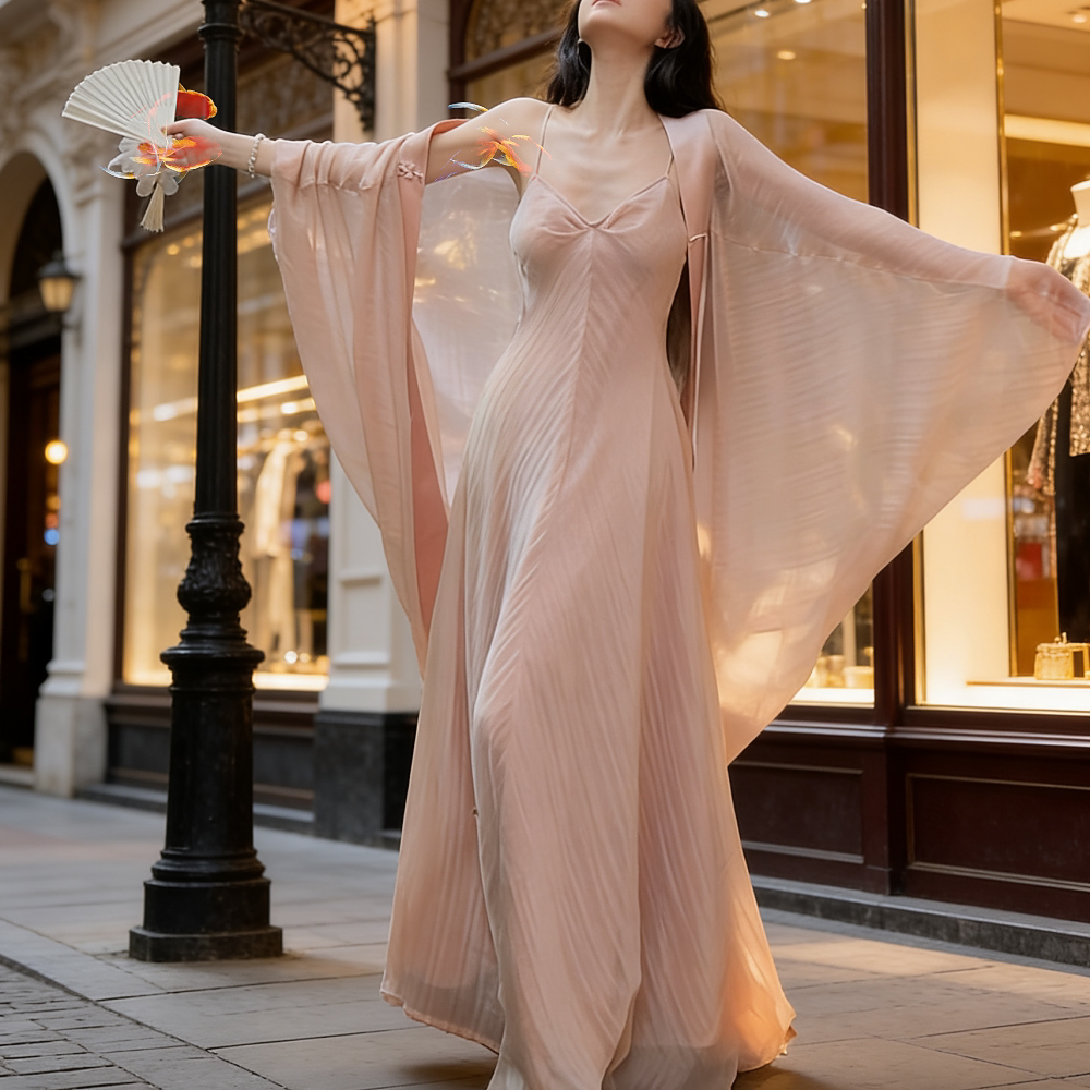 大MOSS【花月夜】新中式麻感鎏光开衫外套+吊带连衣裙套装女