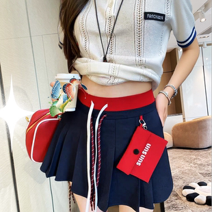 地球店小众复古撞色双腰头设计感百褶裙裤 女miu系穿搭百搭半身裙