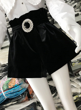 地球店名媛气质满钻腰带黑色复古丝绒高腰显瘦花苞阔腿休闲裤