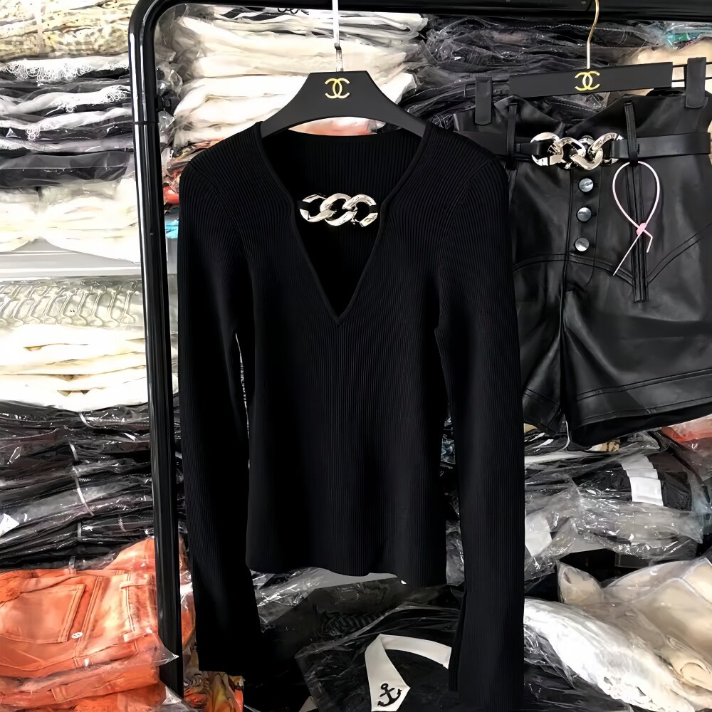 地球店黑色薄款修身针织衫2026年春季新款套头长袖打底V领上衣