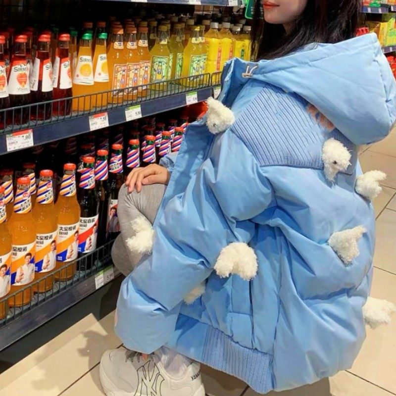 蓝色连帽羽绒服兔年减龄宽松外套