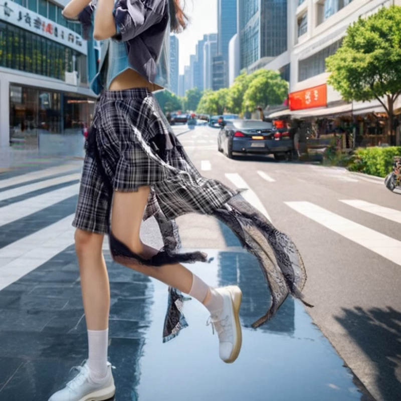 地球店白时尚格子蕾丝拼接短裙