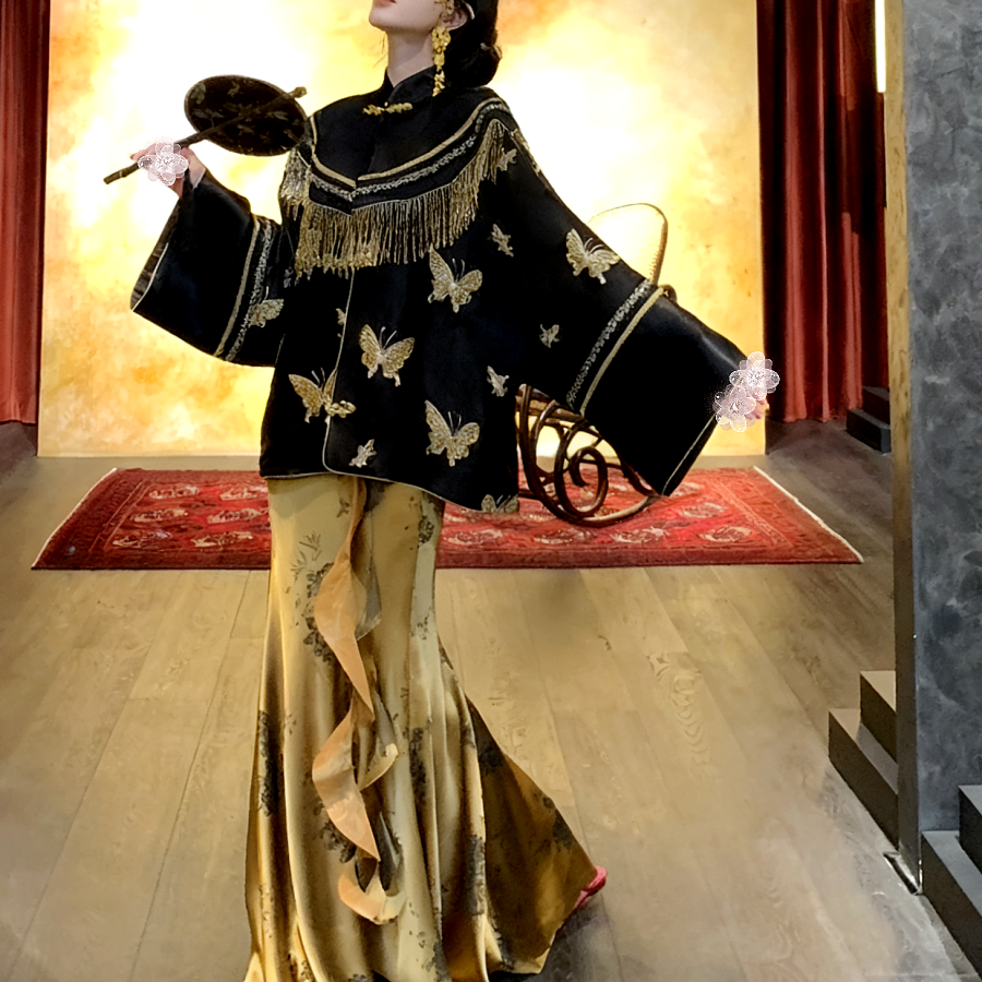 墨色蝶梦国风蝴蝶珠绣外套两件套