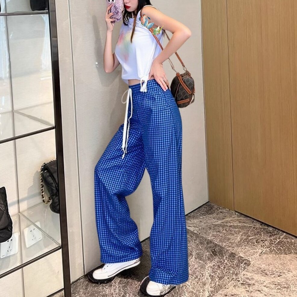 地球店复古蓝色格子阔腿裤女夏垂坠感高级感简约宽松显瘦休闲裤子