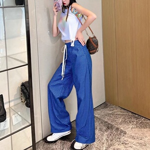 地球店蓝色格子阔腿裤女夏休闲裤