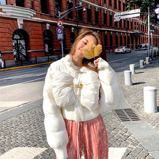 地球店甜美粉白色立体蝴蝶结羽绒棉服棉衣宽松显瘦短款外套小个子