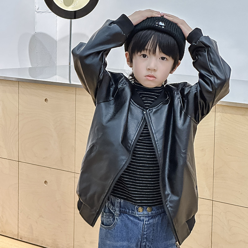 新款皮夹克男小孩外套二八月洋气宝宝外套女童外套小童皮衣2023