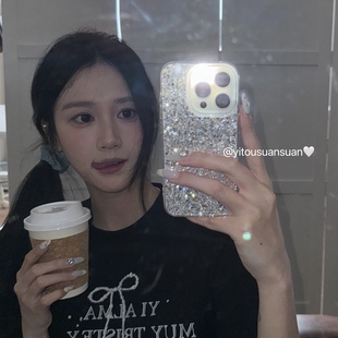 ju闪~高级ins小众少女心简约银色亮片闪粉滴胶透明手机壳适用iPhone16promax全包边苹果15 14防摔13保护新款