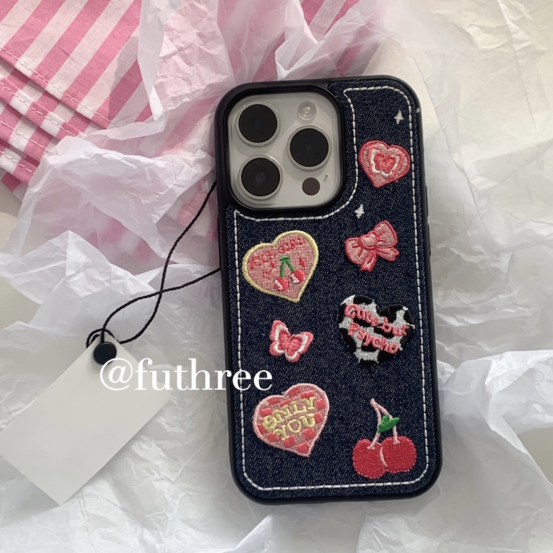 刺绣牛仔布全包边苹果甜美16pro