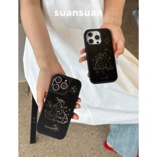 suansuan|原创设计时髦小众可爱贴贴兔猫咪黑边磨砂磁吸手机壳适用iPhone17promax苹果16/15防摔14保护套新款