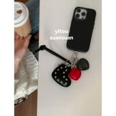 suansuan 韩国小众ins高级黑爱心铆钉链条皮质手机挂件钥匙扣包挂