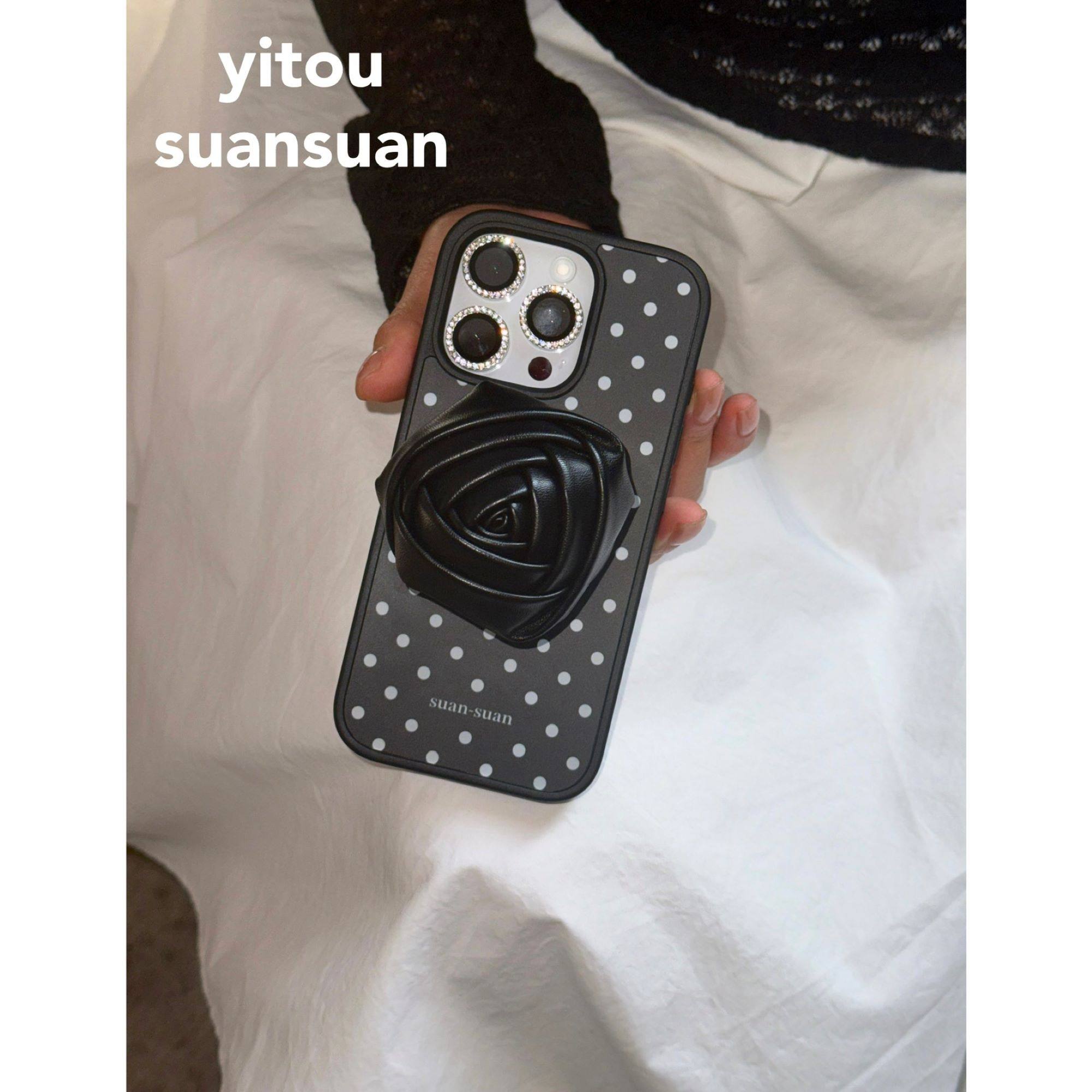 suansuan|原创高级ins法式复古波点浪漫黑玫瑰创意支架磁吸手机壳适用iPhone17promax苹果16/15/14防摔保护套,3C数码配件,手机保护套/壳,淘宝优惠券,粉丝福利购,淘宝优惠卷