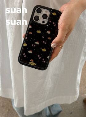 suansuan|原创ins可爱卡通帽子小狗小蝴蝶结黑色滴胶手机壳适用iPhone16promax苹果15防摔14保护套13新款少女