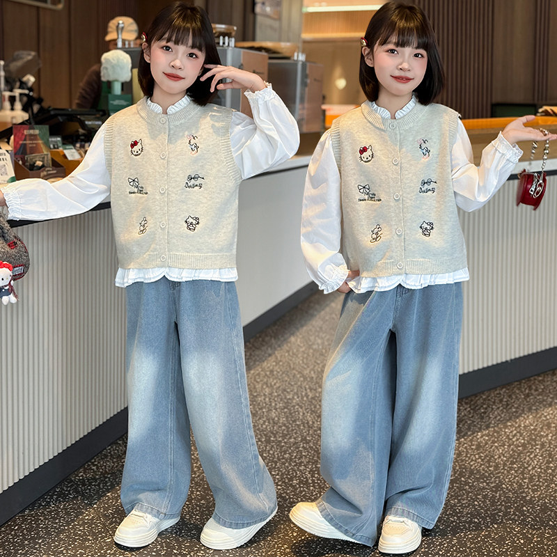 女童春秋针织马甲衬衫三件套2026女孩春秋款洋气学院风牛仔裤套装
