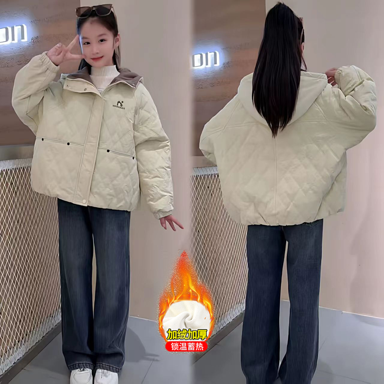 女童冬装套装休闲保暖棉衣外套加绒加厚牛仔裤套装2026新款韩版潮