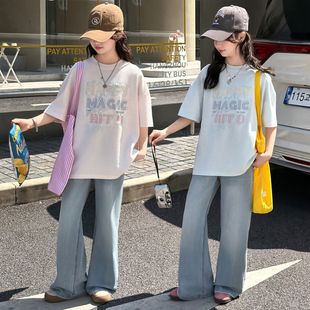 女童夏季韩版休闲短袖T恤套装女大童洋气时髦t儿童夏装薄款牛仔裤