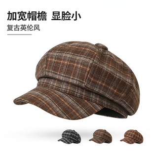 日系复古格纹贝雷帽子女秋冬季显脸小休闲百搭文艺英伦风画家帽潮