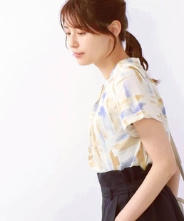 日单夏新款雪纺纱艺术印花半袖套头衬衣透气小衫通勤女款凉爽轻薄