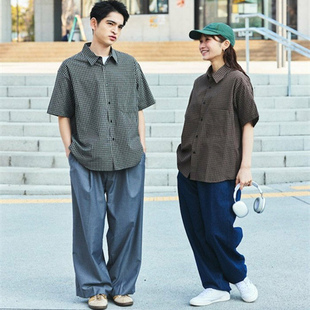 freaks store25ss relax fit男女款情侣涤棉短袖格纹衬衣半袖衬衫