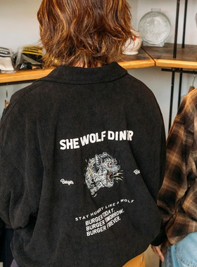 日潮freaks store she wolf diner联名男女休闲宽松刺绣条绒夹克