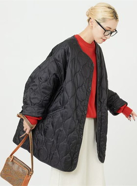 日单freaks store秋冬新款菱形格女宽松休闲上衣绗缝中长棉服外套