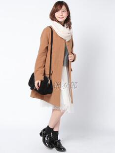 A字版羊毛呢子大衣ehyphen水波纹围巾日单eme森女显瘦中长款外套