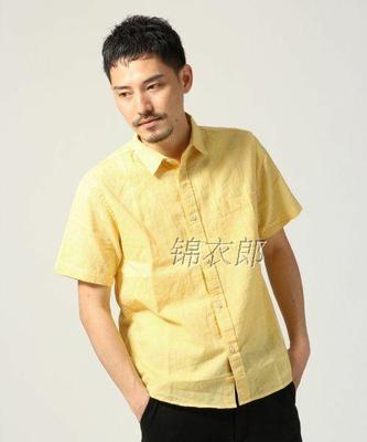 短袖修身休闲黄色衬衣