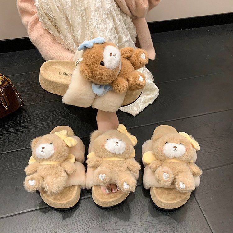 毛毛拖鞋女外穿2025新款秋冬毛绒可爱卡通厚底增高时尚百搭一字拖