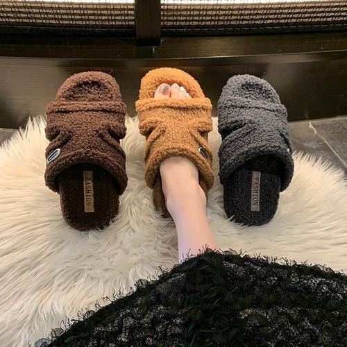 ins韩版简约毛绒棉拖鞋女少女居家卧室秋冬室内开口毛毛拖鞋女