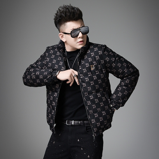 欧洲站冬季新款男士高端暗花纹立领保暖羽绒服防寒保暖白鸭绒外套