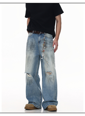 GCINIM401复古废土风痞帅宽松阔腿休闲长裤情侣美式男破洞牛仔裤