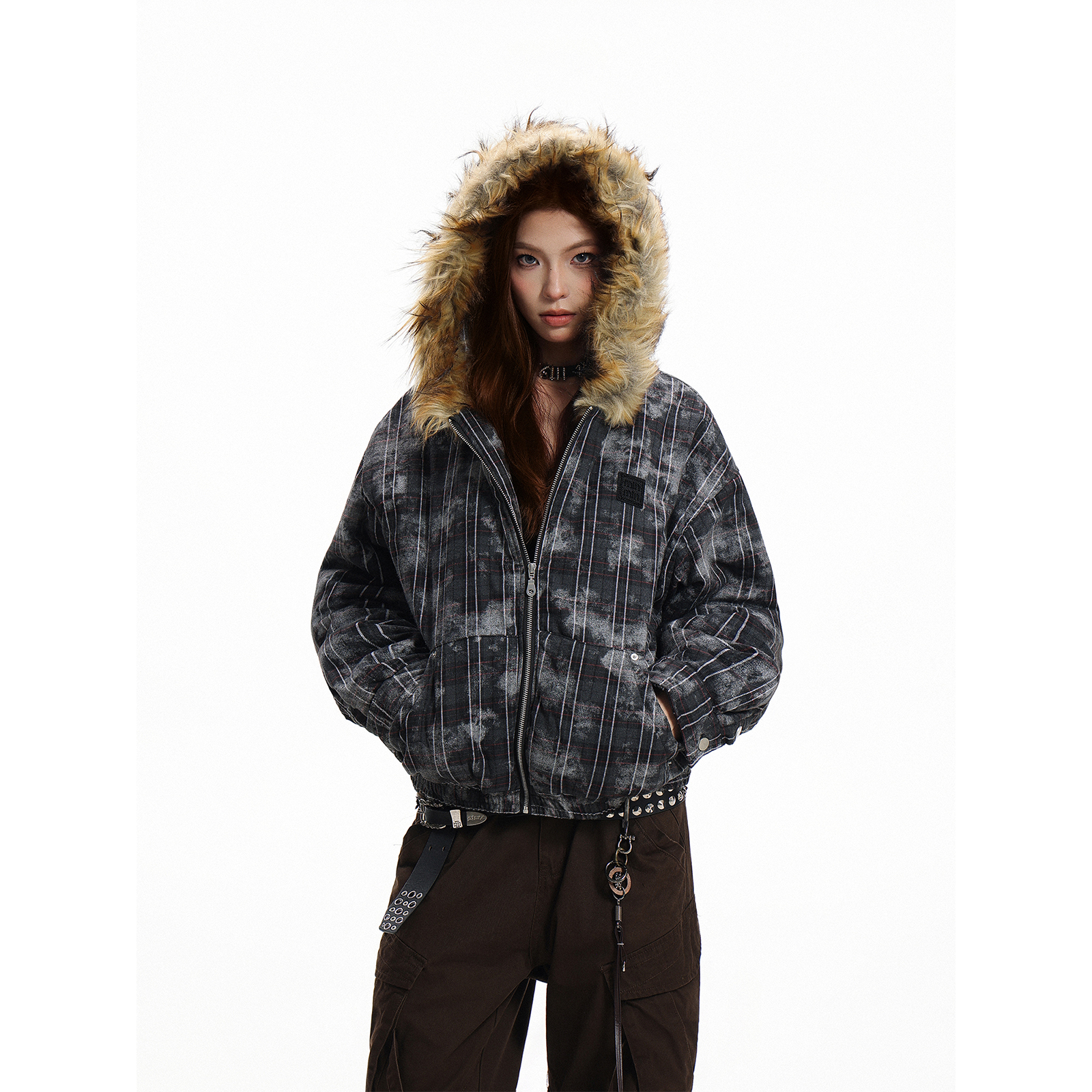 GCINIM401美式复古格子毛领连帽棉服男女冬季加厚保暖宽松外套