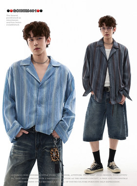 GCINIM401复古老钱风条纹衬衫男长袖翻领宽松开衫高级感慵懒衬衣